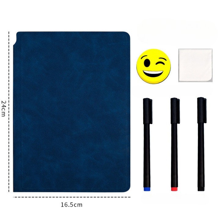 Set Agenda A5 Reutilizabila cu Pagini Tip Tabla, Agenda Pagini Albe cu Stergere Uscata, 3 Markere, 1 Burete ?i 1 Laveta de sters, Portabila, 24 x 16.5 cm, Coperta Piele, Albastru [4]