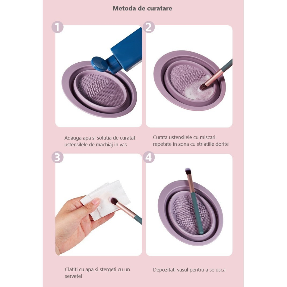 Accesoriu din silicon pentru curatarea accesoriilor makeup, pensule, buretei, 14.5 x 11,5 cm, 2 moduri de utilizare, pliabil, roz [8]