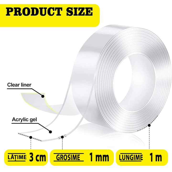 Banda Dublu Adeziva, Flippy, Transparenta, Rezistenta la Apa, Reutilizabila, Tehnologie Nano, 30mm x 1mm x 1m, Fara Urme [2]