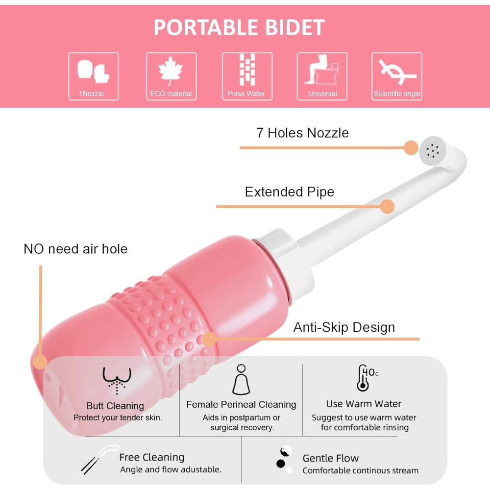 Bideu Portabil pentru Igiena Intima, pentru Postpartum/ Postoperator, 450 mL, cu Capac si Husa Galbena, 29.5x7 cm, Culoare Recipient Roz [7]