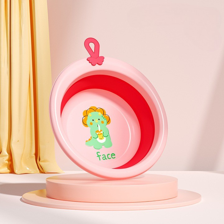 Cada Pliabila pentru Baie pentru Copii, Cadita pentru Bebelusi, Model Rotund cu Dinozaur, Roz, 30x30x3.7 cm, 4L [2]