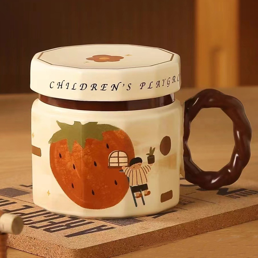 Cana din ceramica, Cana pentru Cafea, Ceai, Cana Universala, Unisex, Cana cu Capac, 9 x 8 x 8 cm, 400 ml, Model Capsuna, Bej [2]