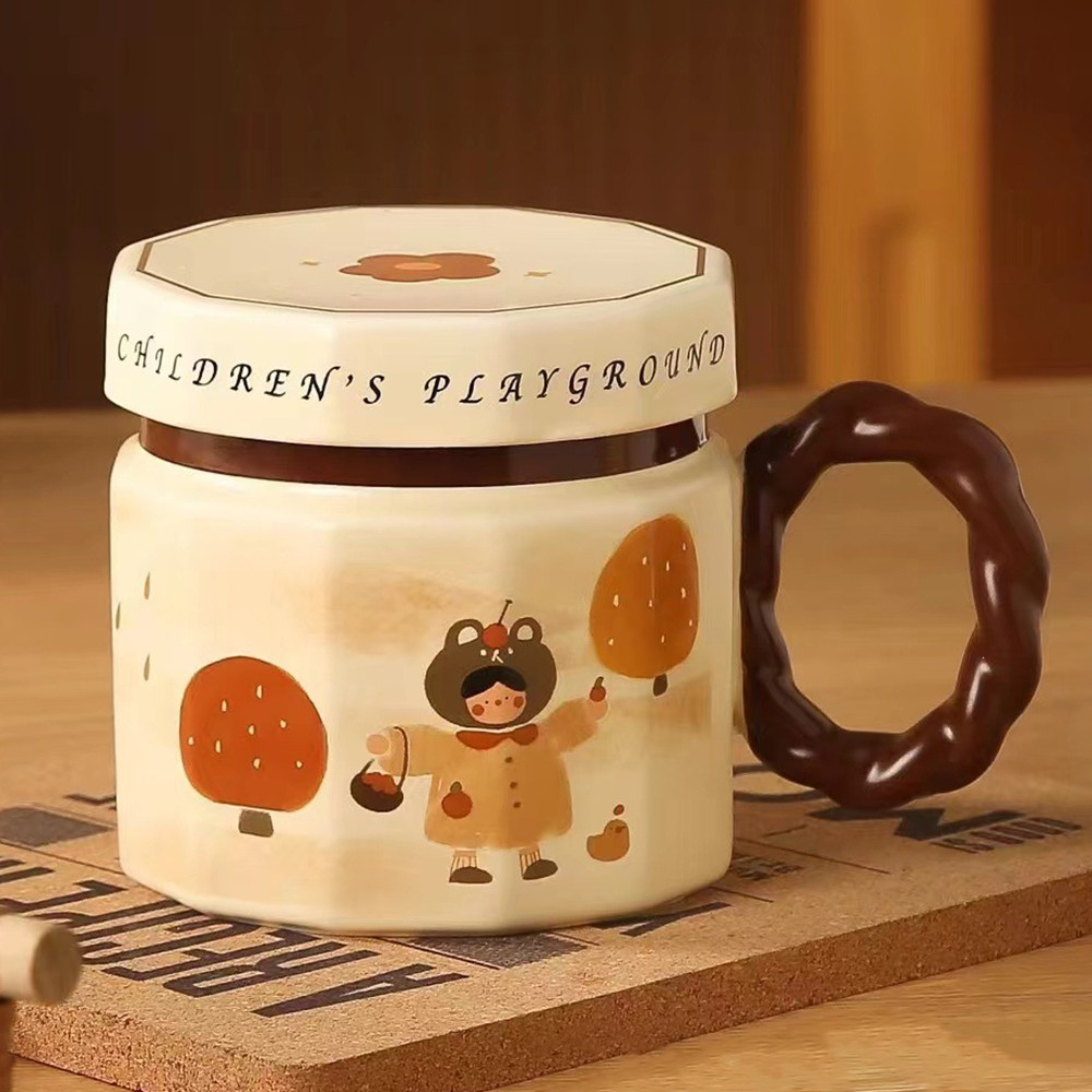 Cana din ceramica, Cana pentru Cafea, Ceai, Cana Universala, Unisex, Cana cu Capac, 9 x 8 x 8 cm, 400 ml, Model Fetita, Bej [2]