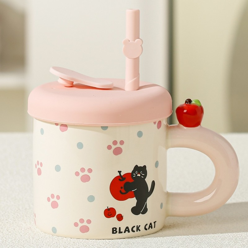 Cana din Ceramica cu Capac si Pai, Capacul si Paiul din Silicon Roz, 9x8.5 cm, Model Cute D, Capacitate 380ml [3]