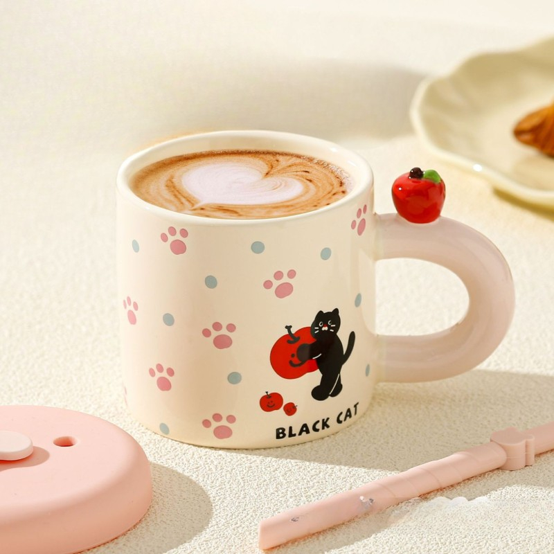 Cana din Ceramica cu Capac si Pai, Capacul si Paiul din Silicon Roz, 9x8.5 cm, Model Cute D, Capacitate 380ml [2]