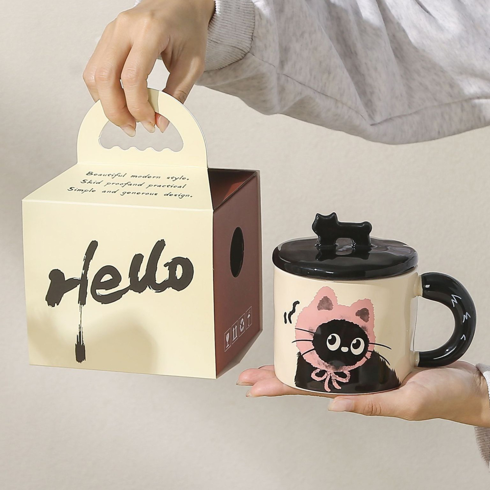 Cana din Ceramica, Model in Cutie pentru Cadou, Cana pentru Ceai, Cafea, Cana Retro Design Capac cu Figurina 3D, 9.5 x 8 x 8 cm, 360 ml, Bej, Print Pisica Roz Negru [3]
