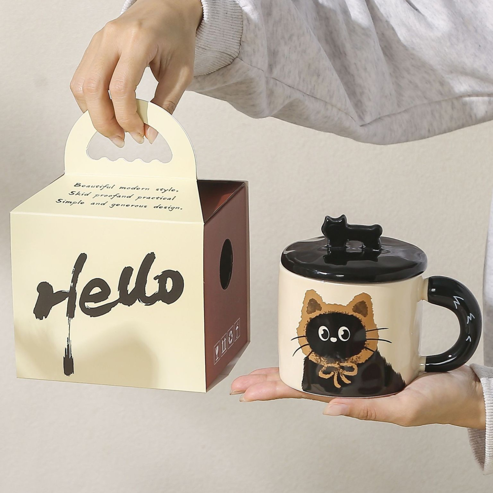 Cana din Ceramica, Model in Cutie pentru Cadou, Cana pentru Ceai, Cafea, Cana Retro Design Capac cu Figurina 3D, 9.5 x 8 x 8 cm, 360 ml, Bej, Print Pisica Maro Negru [4]