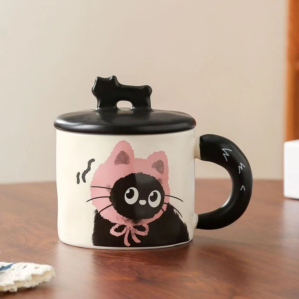 Cana din Ceramica, Model in Cutie pentru Cadou, Cana pentru Ceai, Cafea, Cana Retro Design Capac cu Figurina 3D, 9.5 x 8 x 8 cm, 360 ml, Bej, Print Pisica Roz Negru [2]