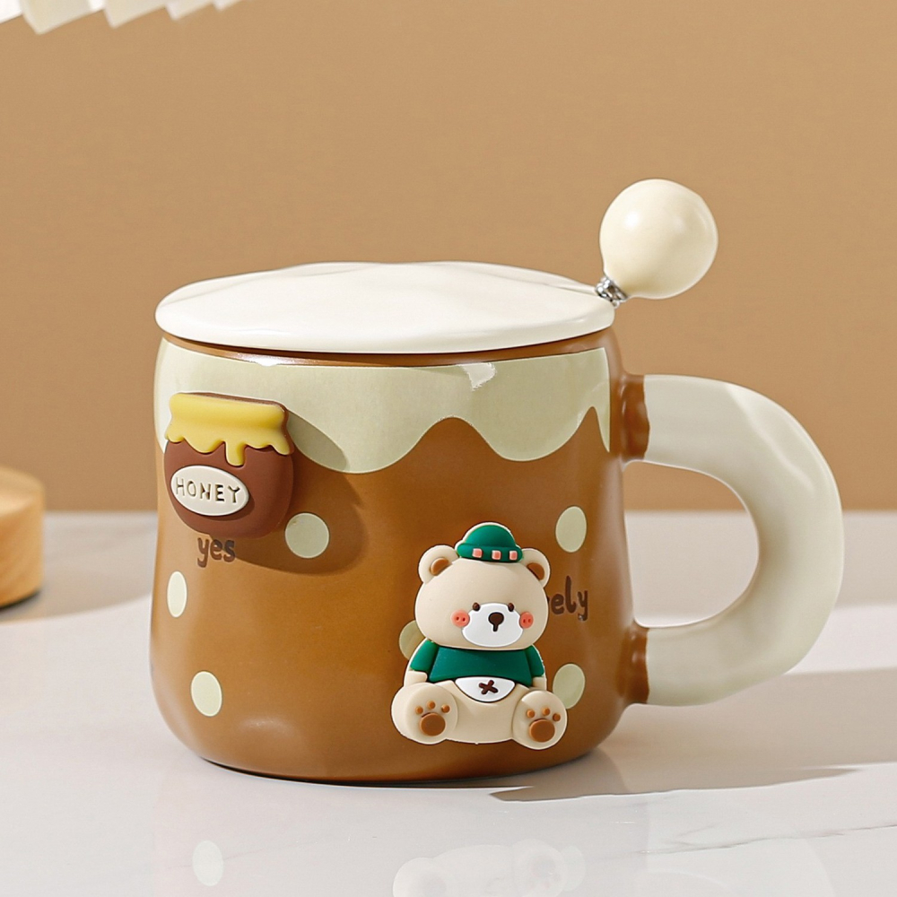 Cana din Ceramica, Model Urs pentru Baieti, Cana Universala, Cana pentru Ceai, Cana cu Lingura Metalica si Capac, 9.6 x 9.5 x 9.5 cm, 400 ml Maro inchis [2]
