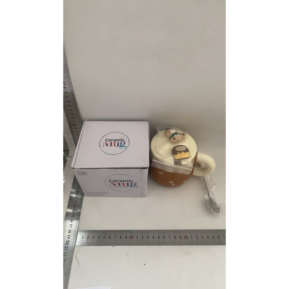 Cana din Ceramica, Model Urs pentru Baieti, Cana Universala, Cana pentru Ceai, Cana cu Lingura Metalica si Capac, 9.6 x 9.5 x 9.5 cm, 400 ml Maro inchis [3]