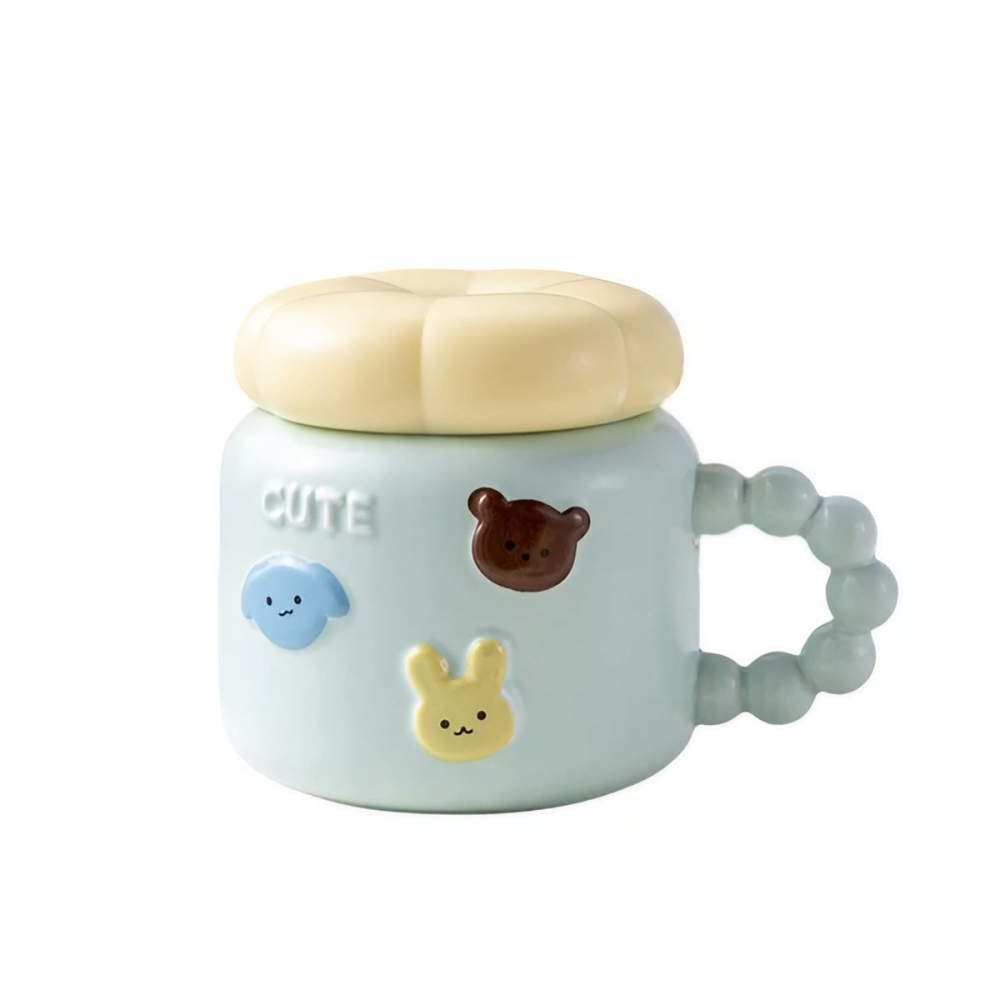 Cana pentru Copii, din Portelan, print Figurine Animalute, Model CUTE, Cana cu Capac, Ceasca pentru Cafea, Ceai, 400ml Albastru deschis [6]