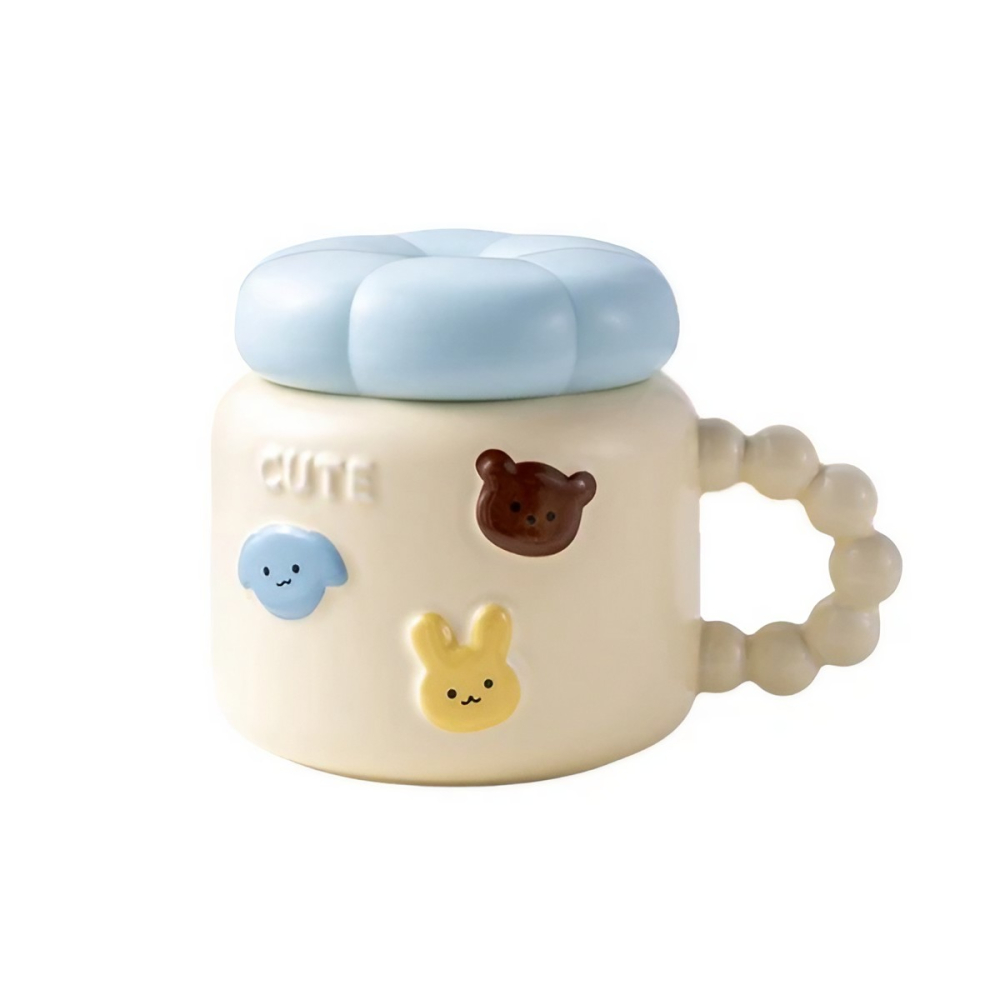 Cana pentru Copii, din Portelan, print Figurine Animalute, Model CUTE, Cana cu Capac, Ceasca pentru Cafea, Ceai, 400ml Galben deschis [4]