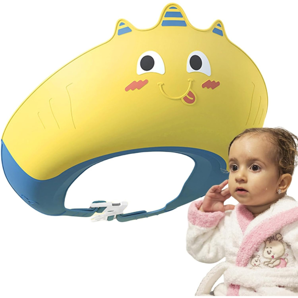 Casca de Dus, Previne Scurgerea Apei si Samponului pe Fata, 0-12 Ani, Ajustabila, din TPE+PP, 20 x 23 cm, Model Unicorn, Galben/Albastru [2]