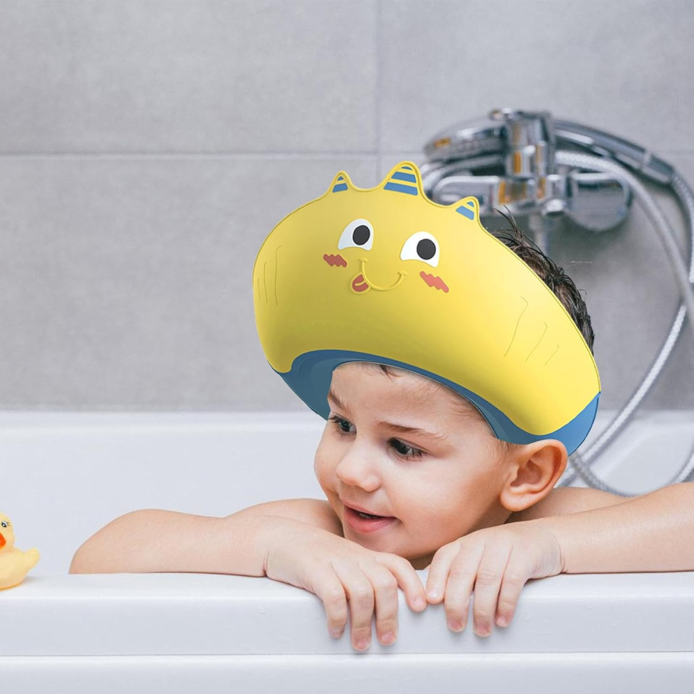Casca de Dus, Previne Scurgerea Apei si Samponului pe Fata, 0-12 Ani, Ajustabila, din TPE+PP, 20 x 23 cm, Model Unicorn, Galben/Albastru [3]