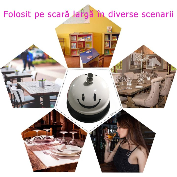 Clopotel Metalic Multifunctional, Alb cu Imprimeu Smiley Face, 7.5x7.5x6.5 cm, Receptie, Restaurant, Cafenele [5]