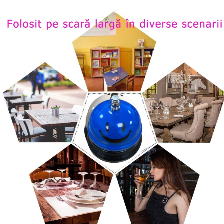 Clopotel Metalic Multifunctional, Albastru cu Imprimeu Smiley Face, 7.5x7.5x6.5 cm, Receptie, Restaurant, Cafenele [5]