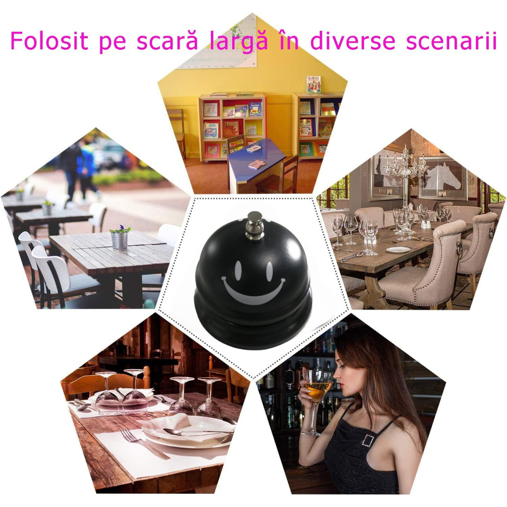 Clopotel Metalic Multifunctional, Negru cu Imprimeu Smiley Face, 7.5x7.5x6.5 cm, Receptie, Restaurant, Cafenele [5]