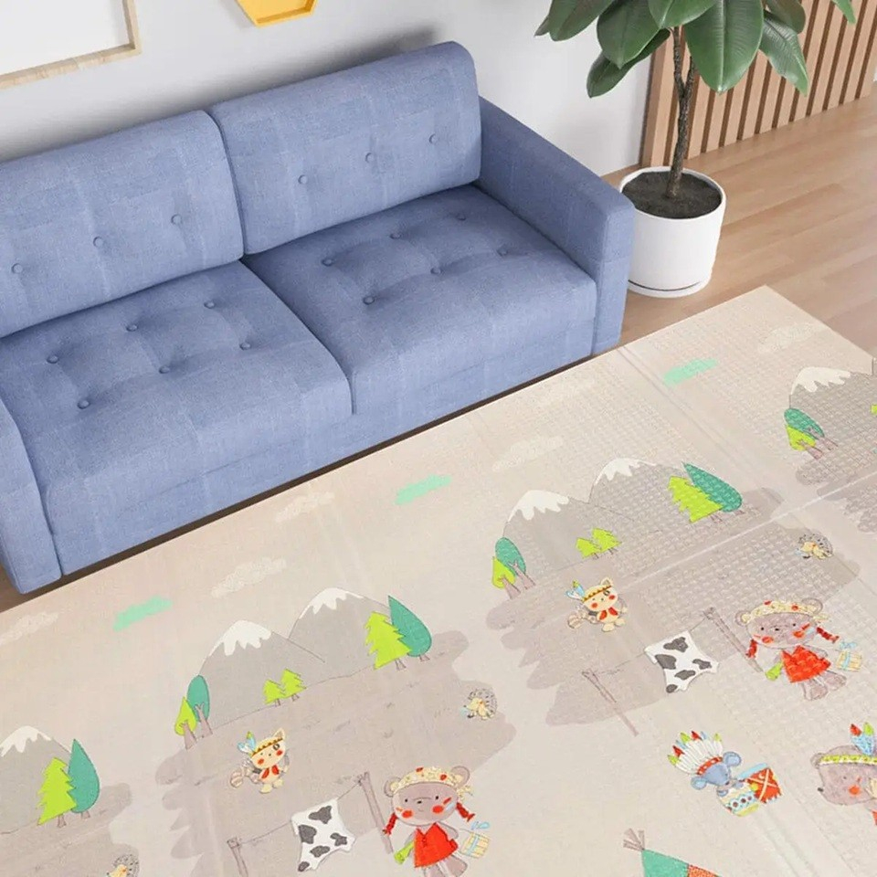 Covoras pentru Copii, cu 2 Fete, Model Maimute/Indieni, din XPE+PE, Impermeabil, Antiderapant, Protectie Termica, +3 Luni, Pliabil, 150 x 200 x 1 cm, Multicolor [2]