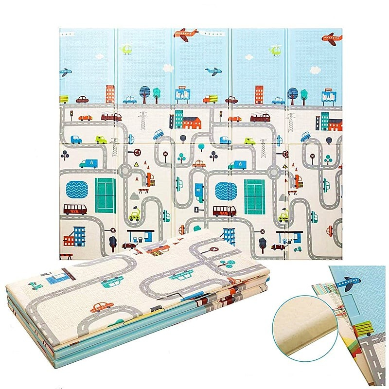 Covoras pentru Copii, cu 2 Fete, Model Trafic/Girafe, din XPE+PE, Impermeabil, Antiderapant, Protectie Termica, +3 Luni, Pliabil, 180 x 200 x 1 cm, Multicolor [1]