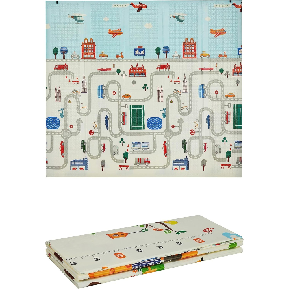 Covoras pentru Copii, cu 2 Fete, Model Trafic/Girafe, din XPE+PE, Impermeabil, Antiderapant, Protectie Termica, +3 Luni, Pliabil, 180 x 200 x 1 cm, Multicolor [4]