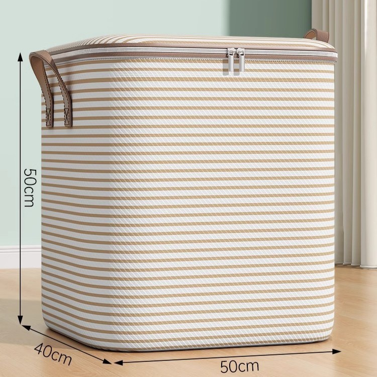 Cutie de Depozitare cu Fermoar, Pliabila, Maner Ranforsat, Fermoar Rezistent, pentru Haine, Paturi, Plapume, Perne, Lenjerii de Pat, Jucarii, 50x40x50 cm, 100 Litri, in Dungi, Bej [2]