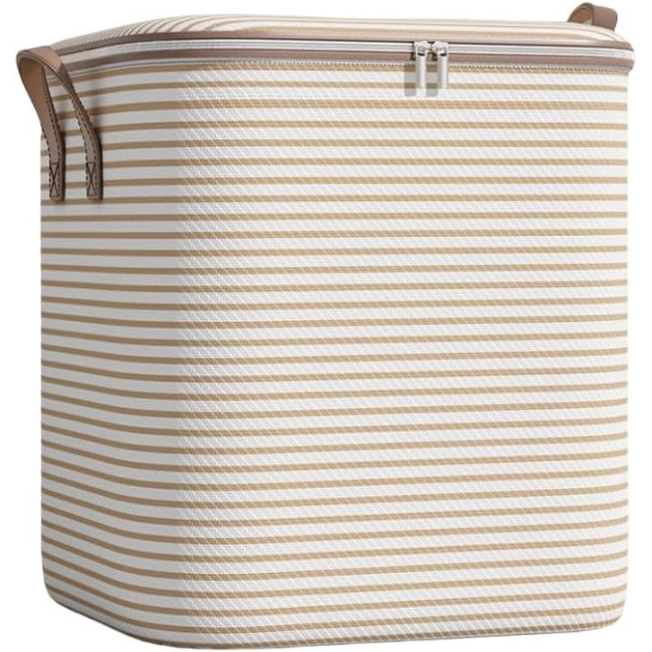 Cutie de Depozitare cu Fermoar, Pliabila, Maner Ranforsat, Fermoar Rezistent, pentru Haine, Paturi, Plapume, Perne, Lenjerii de Pat, Jucarii, 56x45x56 cm, 150 Litri, in Dungi, Bej [3]