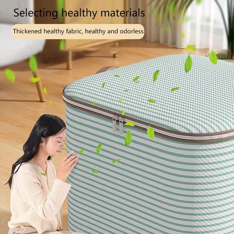 Cutie de Depozitare cu Fermoar, Pliabila, Maner Ranforsat, Fermoar Rezistent, pentru Haine, Paturi, Plapume, Perne, Lenjerii de Pat, Jucarii, 56x45x56 cm, 150 Litri, in Dungi, Verde [6]