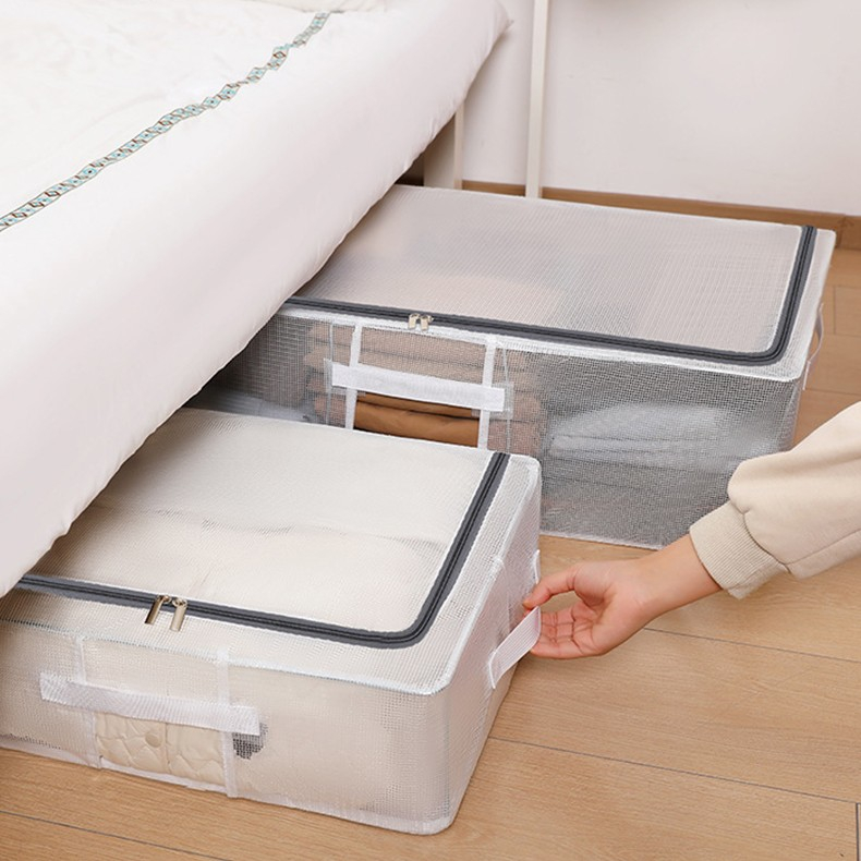 Cutie de Depozitare, pentru Haine, Incaltaminte, din Plasa PVC Impermeabila si Manere Laterale, Pliabila, Fermoar Bidirectional, 80 x 47 x 24 cm, Transparenta [3]