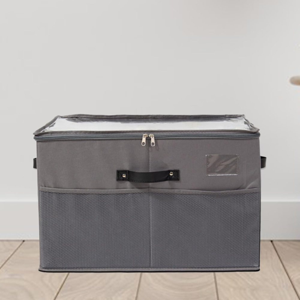 Cutie de Depozitare pentru Pantofi, 53x42x33 cm, cu Capac Transparent si Fermoar, din Panza Oxford, Pliabila, Gri [4]