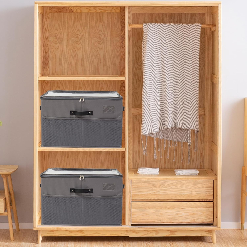 Cutie de Depozitare pentru Pantofi, 53x42x33 cm, cu Capac Transparent si Fermoar, din Panza Oxford, Pliabila, Gri [9]