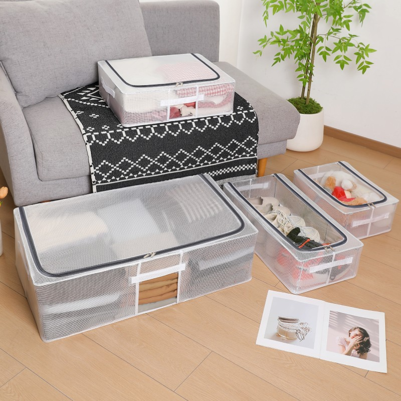 Cutie de Depozitare, pentru Pantofi Haine, din Plasa PVC Impermeabila si Cadru de Otel, Pliabila, Fermoar Bidirectional, 40 x 30 x 15 cm Transparenta [2]