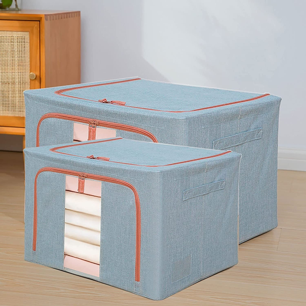 Cutie de Depozitare Pliabila, 100 L, din Bumbac si In, 60x42x40 cm, 2 Ferestre, Frontala si Laterala, 2 Usi de Acces cu Fermoar Bidirectional, Cadru Metalic, Suport Baza Stabil din Plastic, Bleu [4]