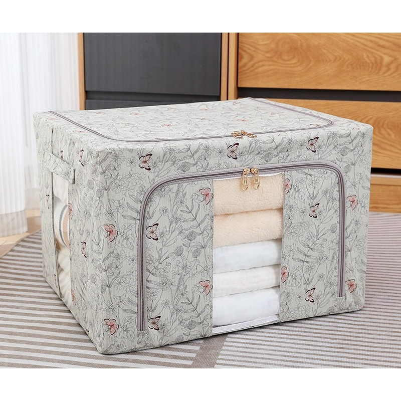 Cutie Depozitare, 66L, din Material Textil, 50 x 40 x 33 cm, pentru Haine si Lenjerii, Model Fluturasi, Gri [2]