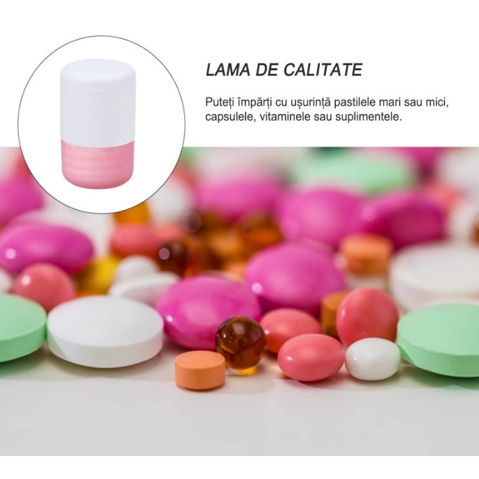 Cutie Pastile Multifunctionala, Flippy, 4 in 1, Pahar Apa, Taiere, Sfaramare, Depozitare, Compact, ABS cu Lama din Inox, Alb/Roz, 8.7x6.2x4.1 cm [3]