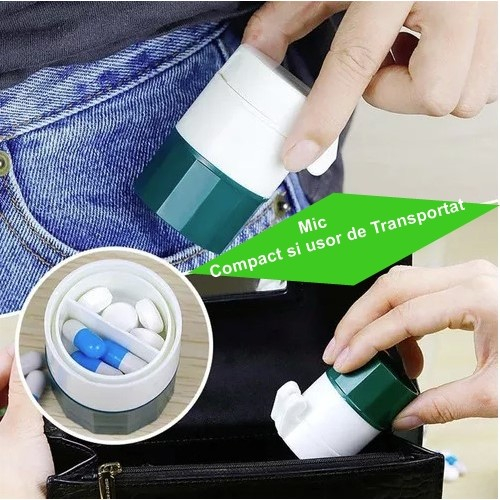 Cutie Pastile Multifunctionala, Flippy, 4 in 1, Pahar Apa, Taiere, Sfaramare, Depozitare, Compact, ABS cu Lama din Inox, Alb/Verde, 8.7x6.2x4.1 cm [3]