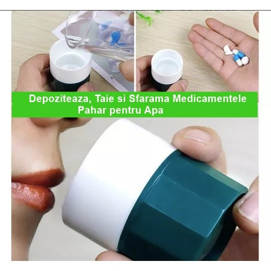 Cutie Pastile Multifunctionala, Flippy, 4 in 1, Pahar Apa, Taiere, Sfaramare, Depozitare, Compact, ABS cu Lama din Inox, Alb/Verde, 8.7x6.2x4.1 cm [2]