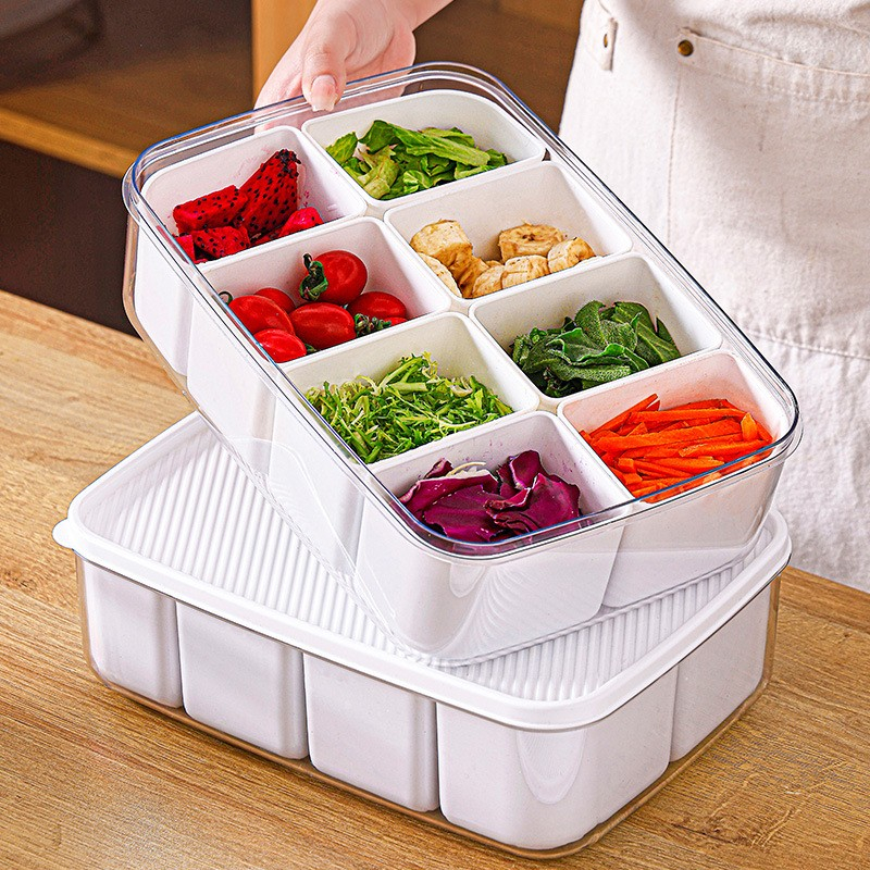 Cutie pentru Depozitare Alimente, 8 Compartimente cu Capac, Material PET+PP, 29 x 20 x 9 cm, Alb/Transparent [12]