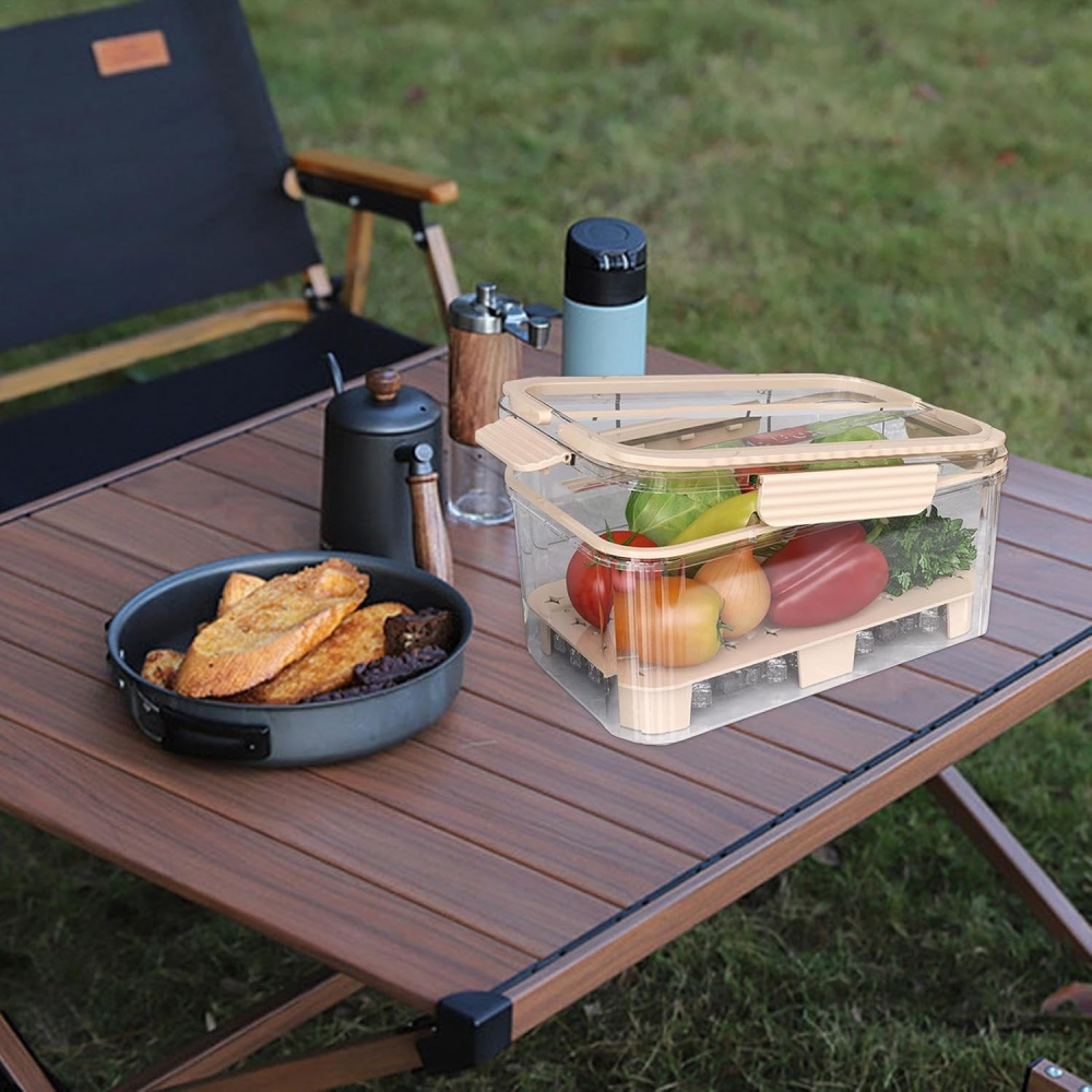 Cutie pentru Depozitare Alimente, de Uz Casnic, 2 Compartimente, Zona pentru Gheata, Mentinere Fresh, cu Maner, Material PET, 23x15x10.8 cm, Bej [6]