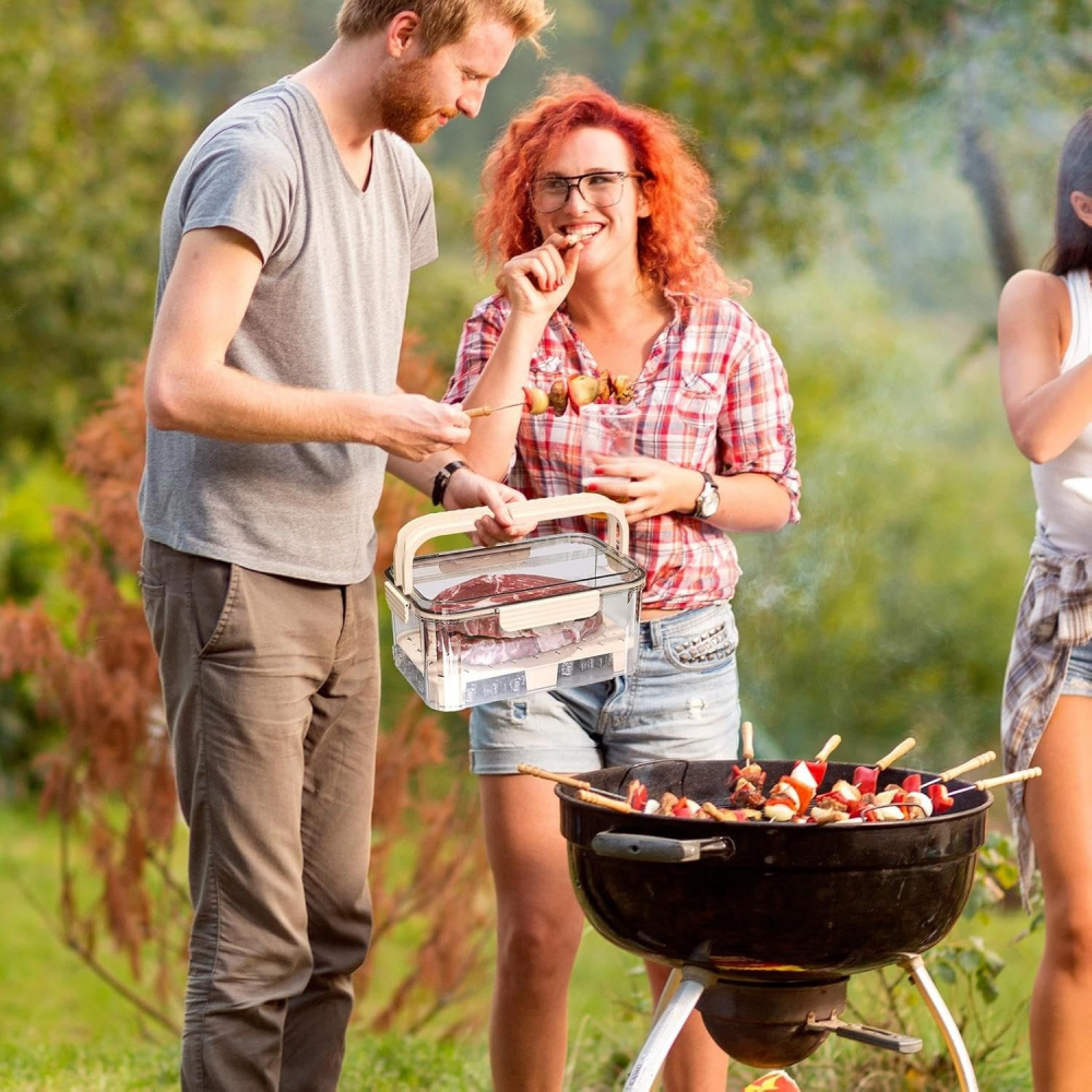 Cutie pentru Depozitare Alimente, de Uz Casnic, 2 Compartimente, Zona pentru Gheata, Mentinere Fresh, cu Maner, Material PET, 23x15x10.8 cm, Bej [7]