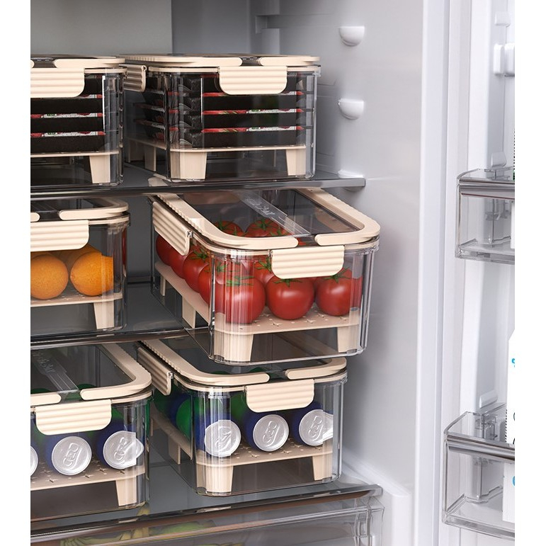 Cutie pentru Depozitare Alimente, de Uz Casnic, 2 Compartimente, Zona pentru Gheata, Mentinere Fresh, cu Maner, Material PET, 23x15x10.8 cm, Bej [12]