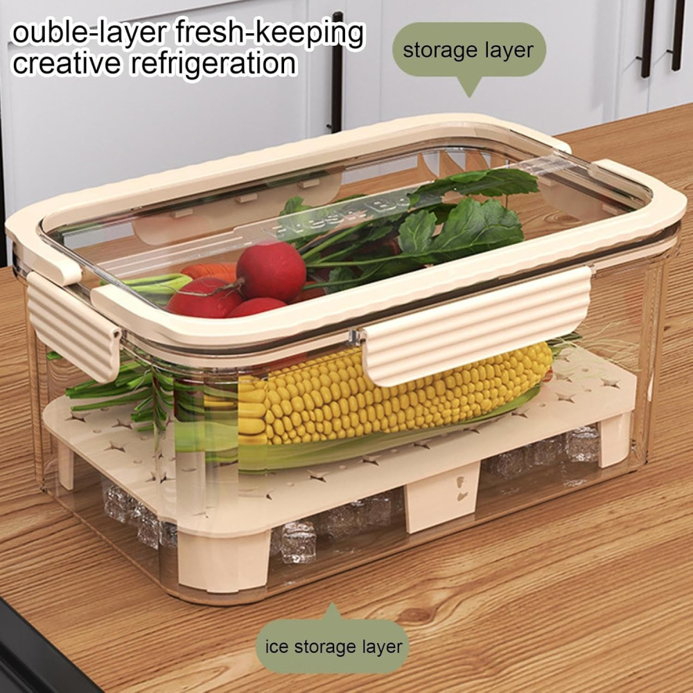 Cutie pentru Depozitare Alimente, de Uz Casnic, 2 Compartimente, Zona pentru Gheata, Mentinere Fresh, cu Maner, Material PET, 23x15x10.8 cm, Bej [5]