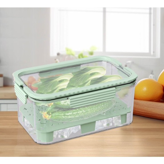 Cutie pentru Depozitare Alimente, de Uz Casnic, 2 Compartimente, Zona pentru Gheata, Mentinere Fresh, cu Maner, Material PET, 23x15x10.8 cm, Verde [3]