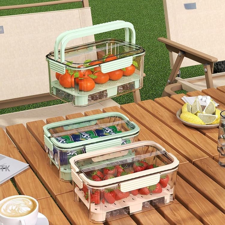 Cutie pentru Depozitare Alimente, de Uz Casnic, 2 Compartimente, Zona pentru Gheata, Mentinere Fresh, cu Maner, Material PET, 23x15x10.8 cm, Verde [5]