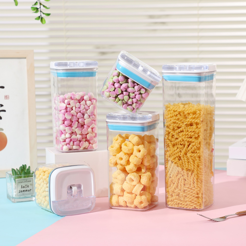 Cutii de Depozitare Alimente, Set din 5 Cutii de tip Container, 1x0.5 l, 2x0.8 l, 1x1.2 l, 1x1.9 l, Recipiente pentru Cereale in Bucatarie, Transparente cu Capac Albastru-Alb [2]