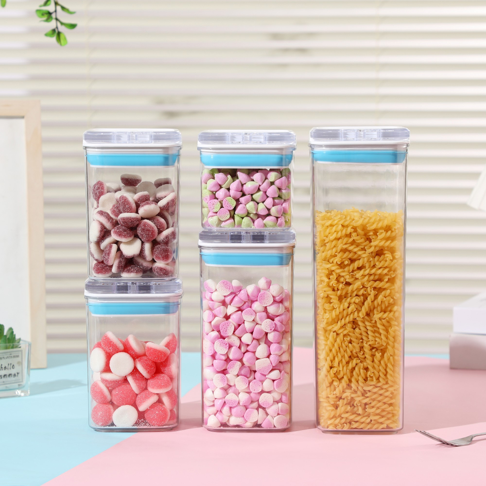 Cutii de Depozitare Alimente, Set din 5 Cutii de tip Container, 1x0.5 l, 2x0.8 l, 1x1.2 l, 1x1.9 l, Recipiente pentru Cereale in Bucatarie, Transparente cu Capac Albastru-Alb [3]