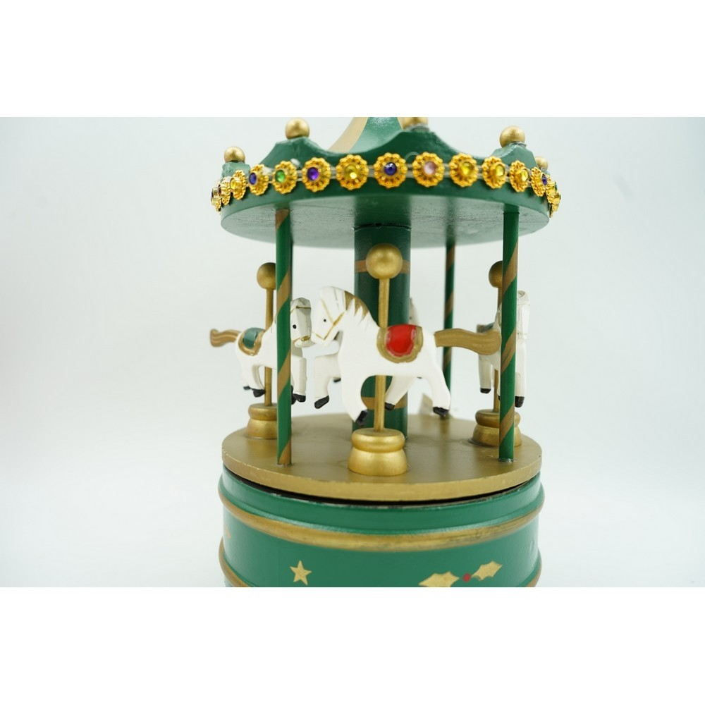 Cutiuta muzicala decorata de Craciun, Carusel rotativ, Verde, din Lemn, Interior, [7]