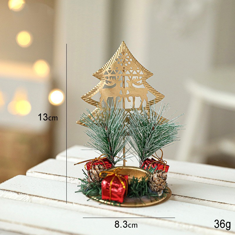Suport Decorativ pentru Lumanare de Craciun, Ornament pentru Lumanare pe Masa, Model Brad cu Reni si Crengute de Brad, din Art Metal, fara Lumanare 13 x 8.3 cm, Auriu [2]