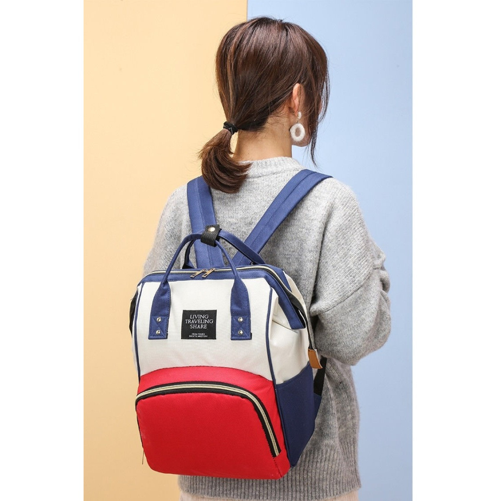 Rucsac Multifunctional pentru Mamici, din Panza Oxford, Compartimentare Multipla, Impermeabil, 43 x 18 x 26 cm, Alb/Rosu/Albastru [3]