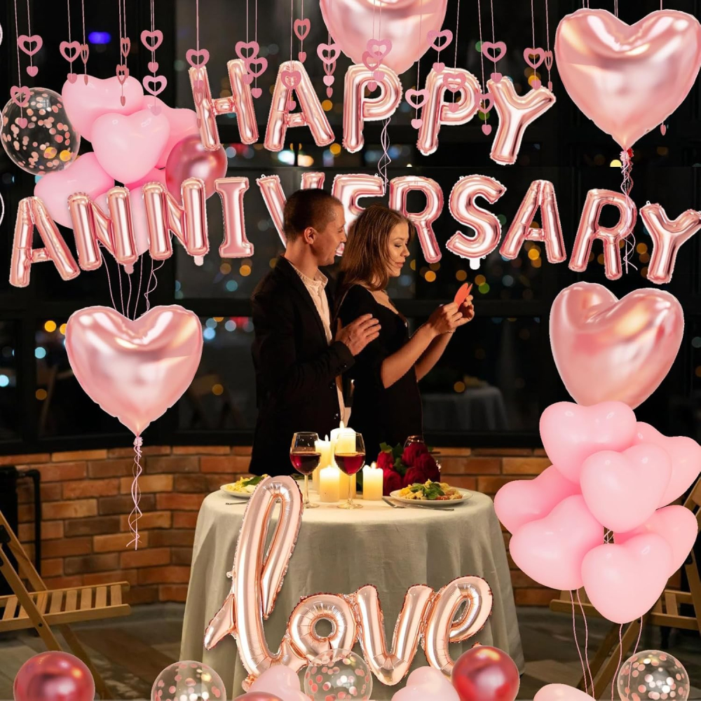 Set Baloane din Folie Metalizata, Model Happy Anniversary, Litere de 40 cm, Baloane Party, Ambalaj Individual, Pai Inclus, Umflare cu Aer sau Heliu, Roz [12]