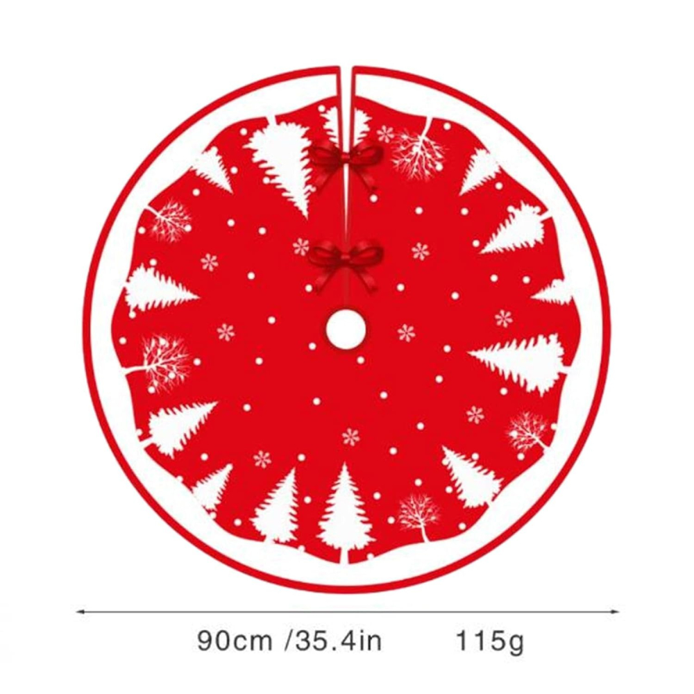 Covoras pentru Bradul de Craciun, din Tesatura Pufoasa, cu Fundite de Prindere, Model Brazi, Rosu/Alb, Diametru 90 cm [5]